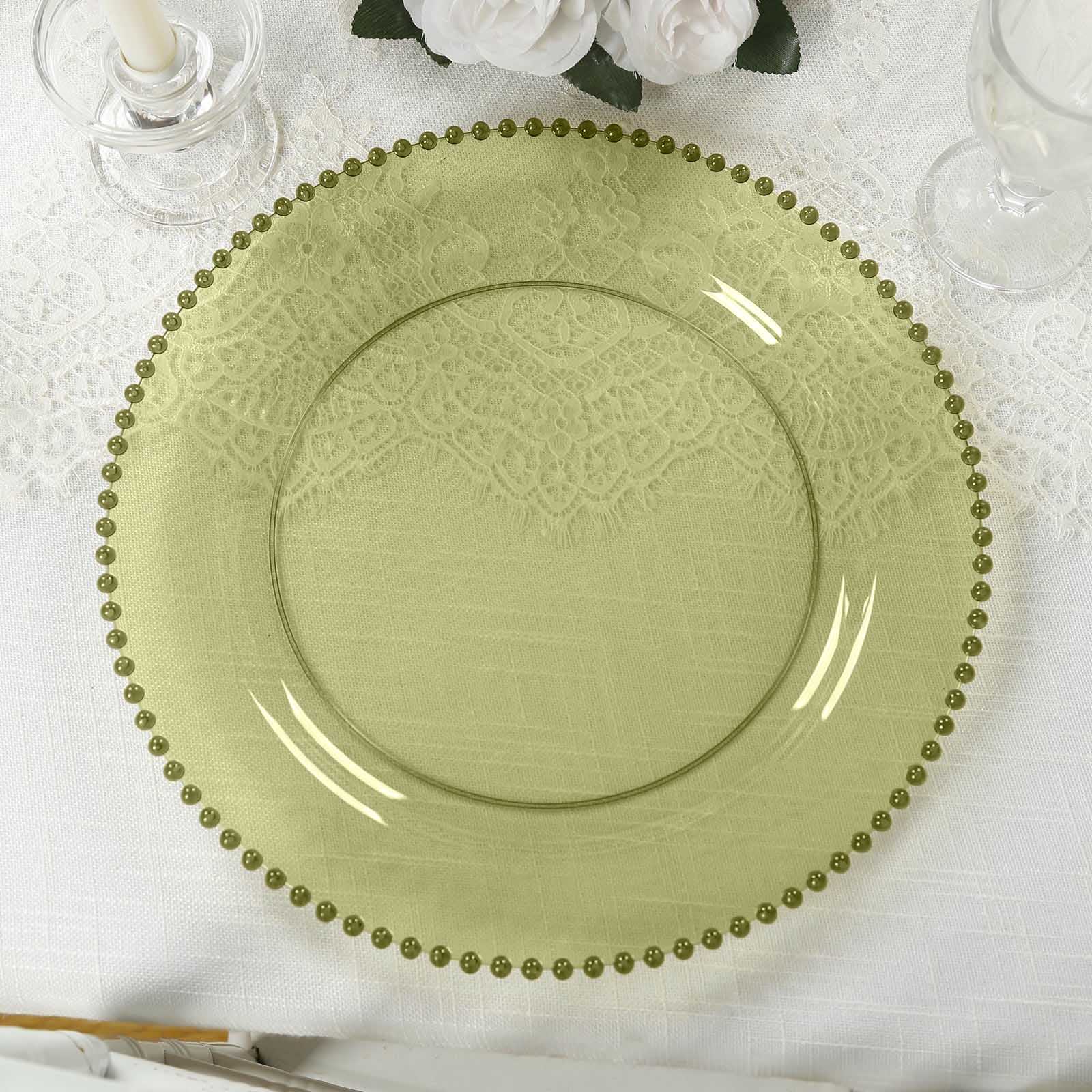 10 - Pack Economy Round Plastic Charger Plates 13" in Transparent Dusty Sage Green with Beaded Rim, Stylish Dinner Party Serving Plates - Bell Racket Store