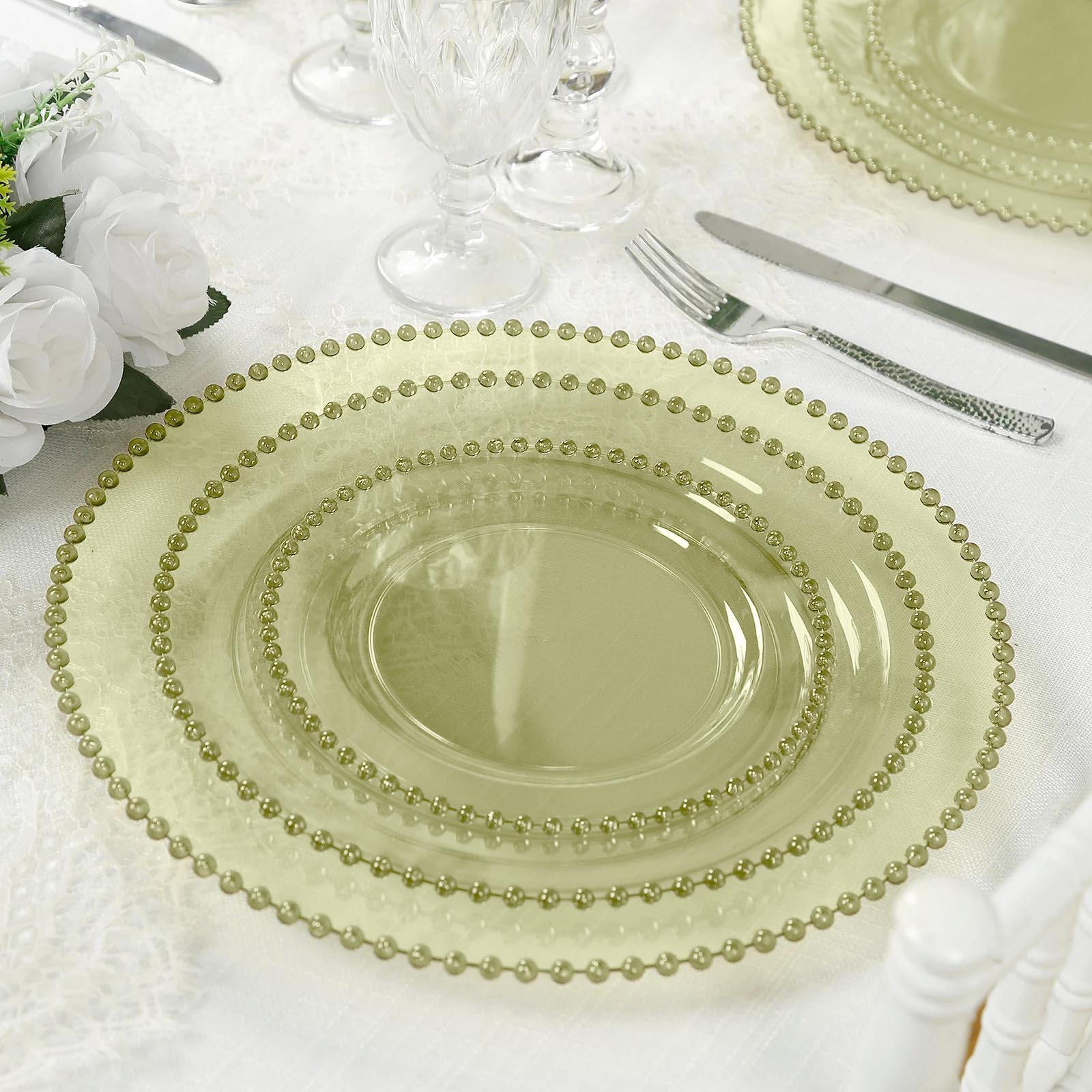 10 - Pack Economy Round Plastic Charger Plates 13" in Transparent Dusty Sage Green with Beaded Rim, Stylish Dinner Party Serving Plates - Bell Racket Store