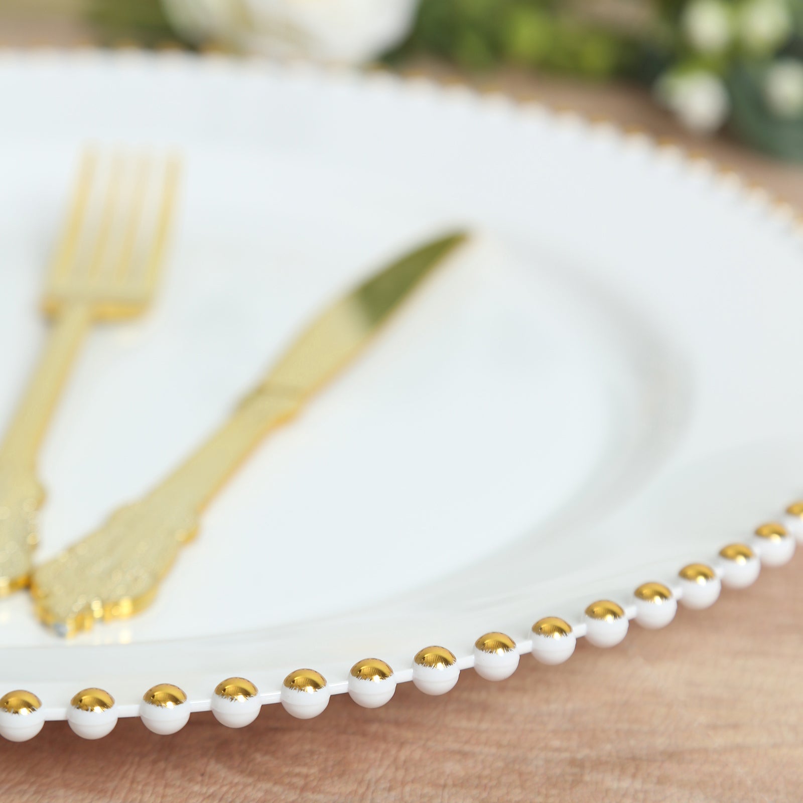 10 - Pack Economy Round Plastic Charger Plates 13" in White with Gold Beaded Rim, Stylish Dinner Party Serving Plates - Bell Racket Store