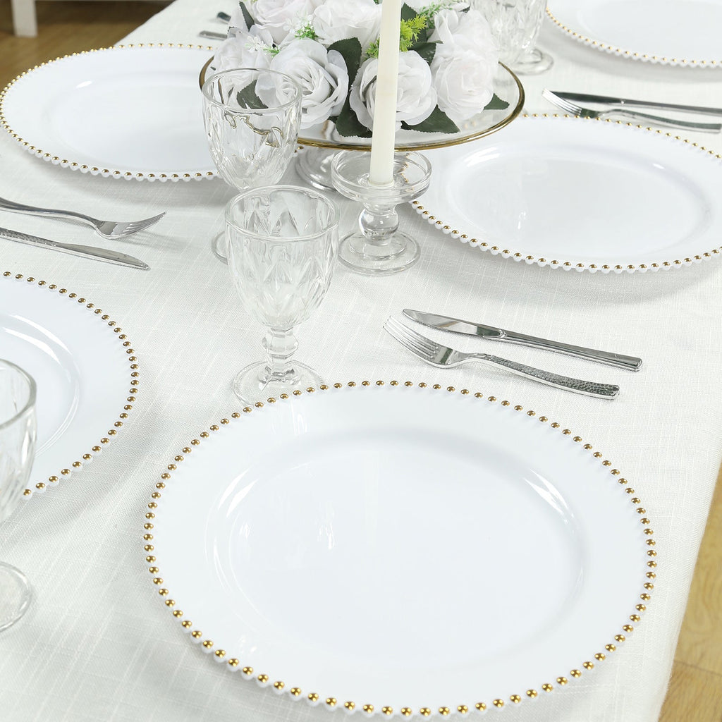 10 - Pack Economy Round Plastic Charger Plates 13" in White with Gold Beaded Rim, Stylish Dinner Party Serving Plates - Bell Racket Store