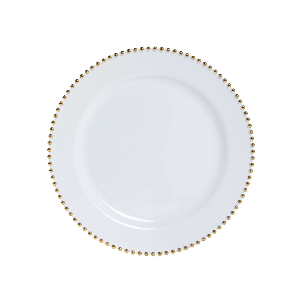 10 - Pack Economy Round Plastic Charger Plates 13" in White with Gold Beaded Rim, Stylish Dinner Party Serving Plates - Bell Racket Store
