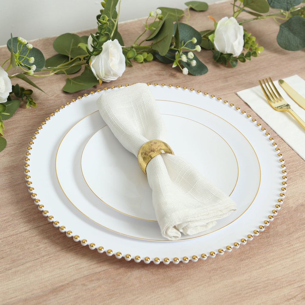 10 - Pack Economy Round Plastic Charger Plates 13" in White with Gold Beaded Rim, Stylish Dinner Party Serving Plates - Bell Racket Store