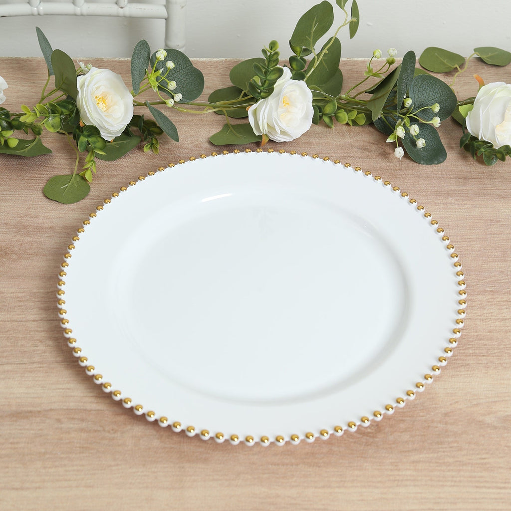 10 - Pack Economy Round Plastic Charger Plates 13" in White with Gold Beaded Rim, Stylish Dinner Party Serving Plates - Bell Racket Store