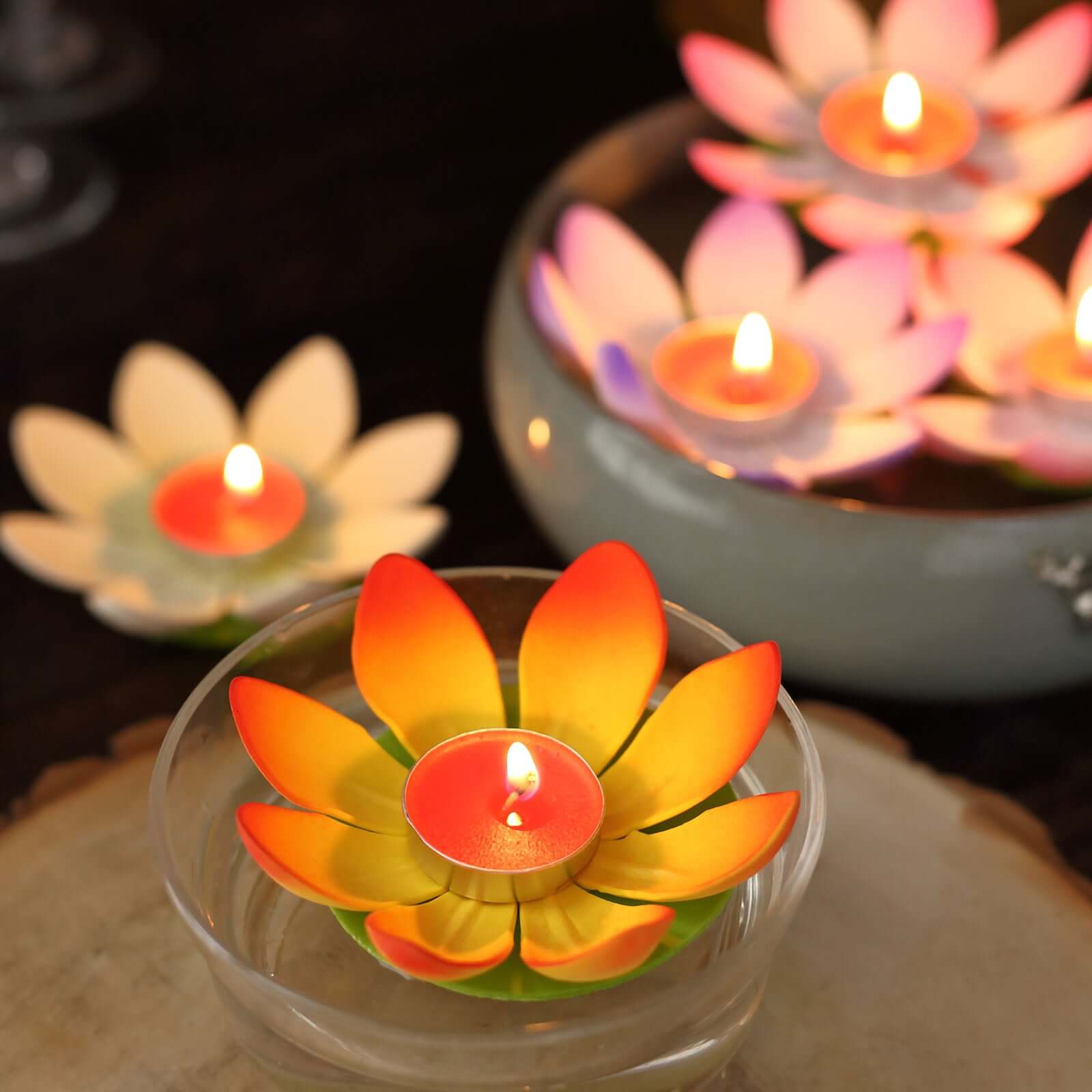 10 - Pack Floating Candle Lights Water Lily Lotus Flower Design Colorful - Assorted Tealight Lanterns 5" - Bell Racket Store