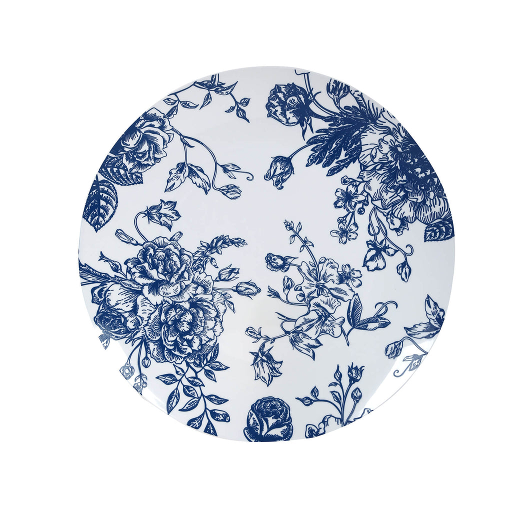 10 - Pack French Toile Plastic Party Plates â€“ Blue & White Floral, 10" Round Disposable Dinner Plates - Bell Racket Store