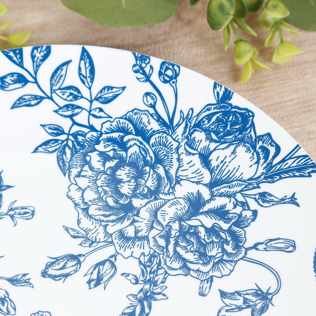 10 - Pack French Toile Plastic Party Plates â€“ Blue & White Floral, 10" Round Disposable Dinner Plates - Bell Racket Store