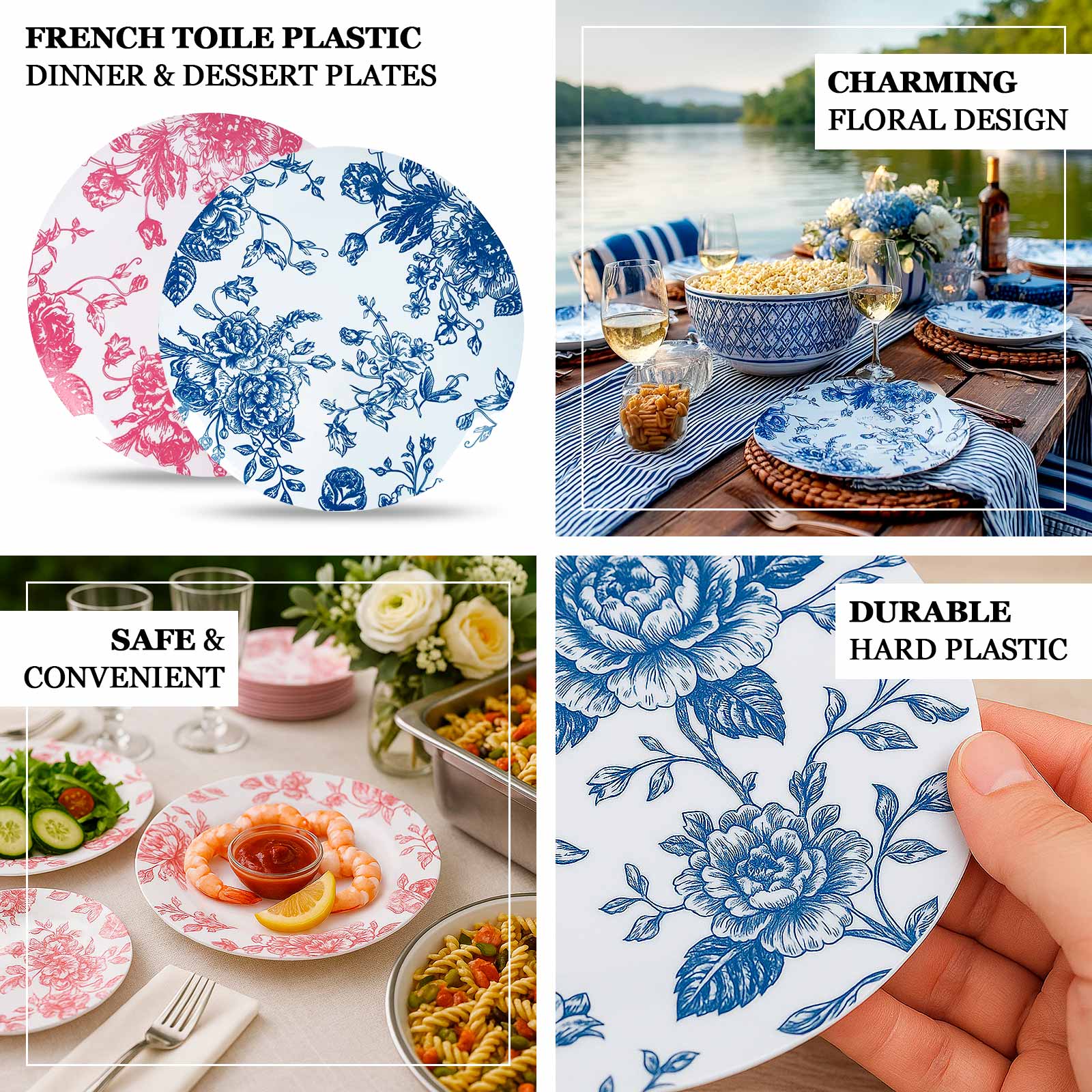 10 - Pack French Toile Plastic Party Plates â€“ Blue & White Floral, 10" Round Disposable Dinner Plates - Bell Racket Store