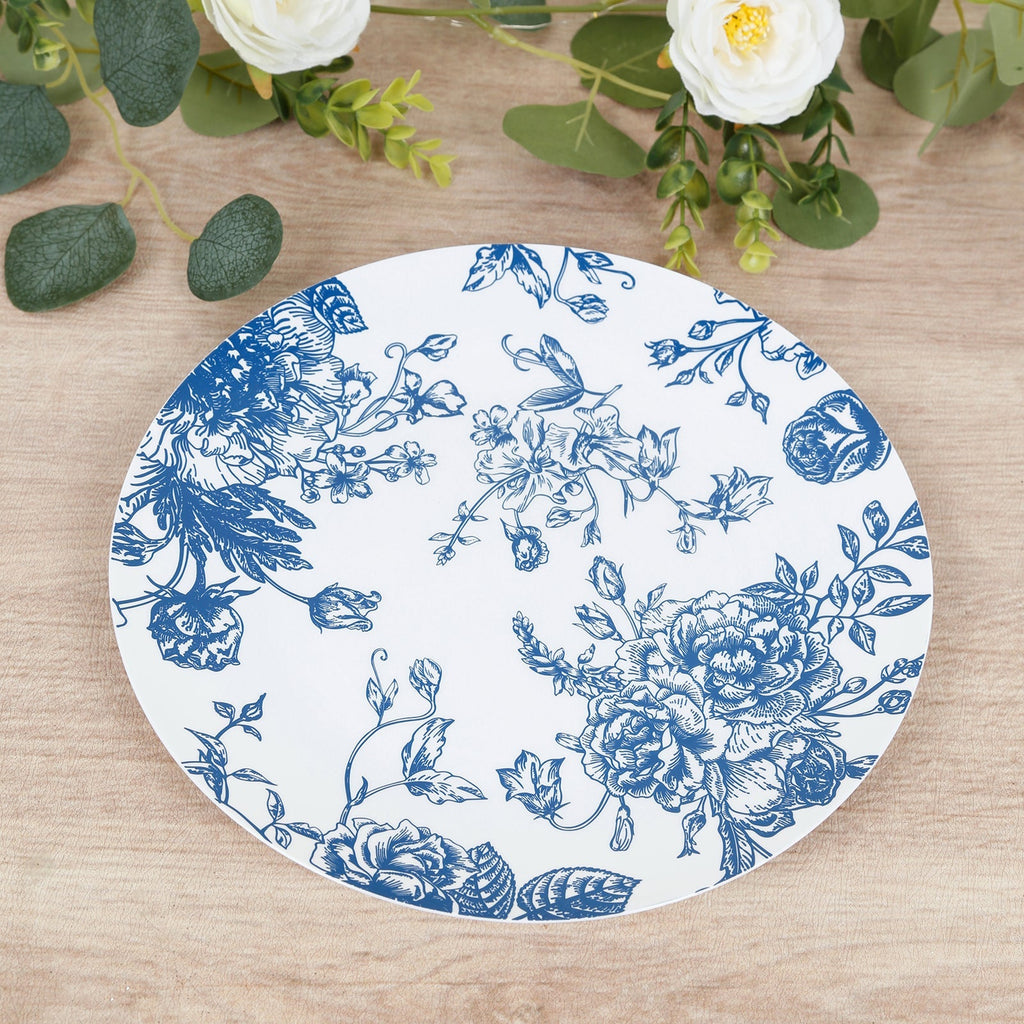 10 - Pack French Toile Plastic Party Plates â€“ Blue & White Floral, 10" Round Disposable Dinner Plates - Bell Racket Store