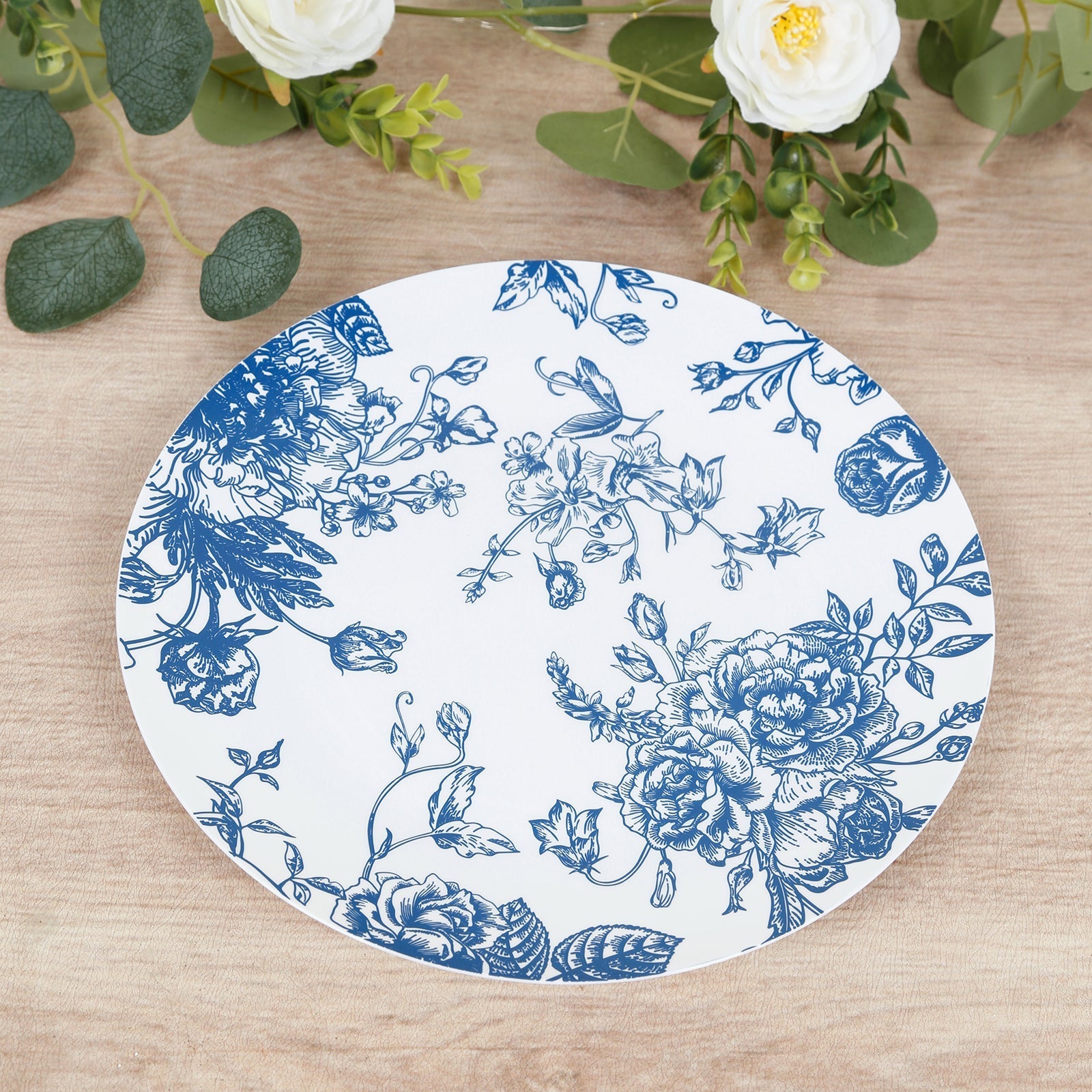 10 - Pack French Toile Plastic Party Plates â€“ Blue & White Floral, 10" Round Disposable Dinner Plates - Bell Racket Store