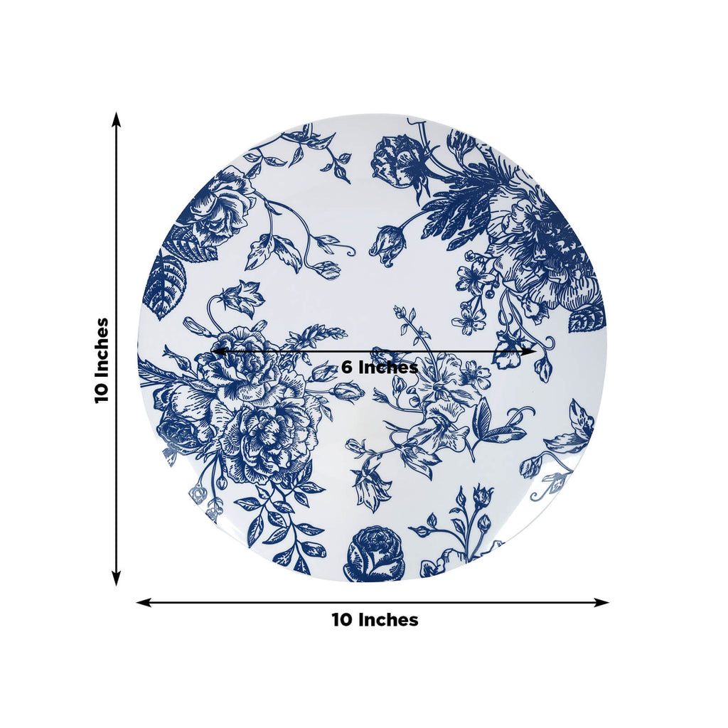 10 - Pack French Toile Plastic Party Plates â€“ Blue & White Floral, 10" Round Disposable Dinner Plates - Bell Racket Store