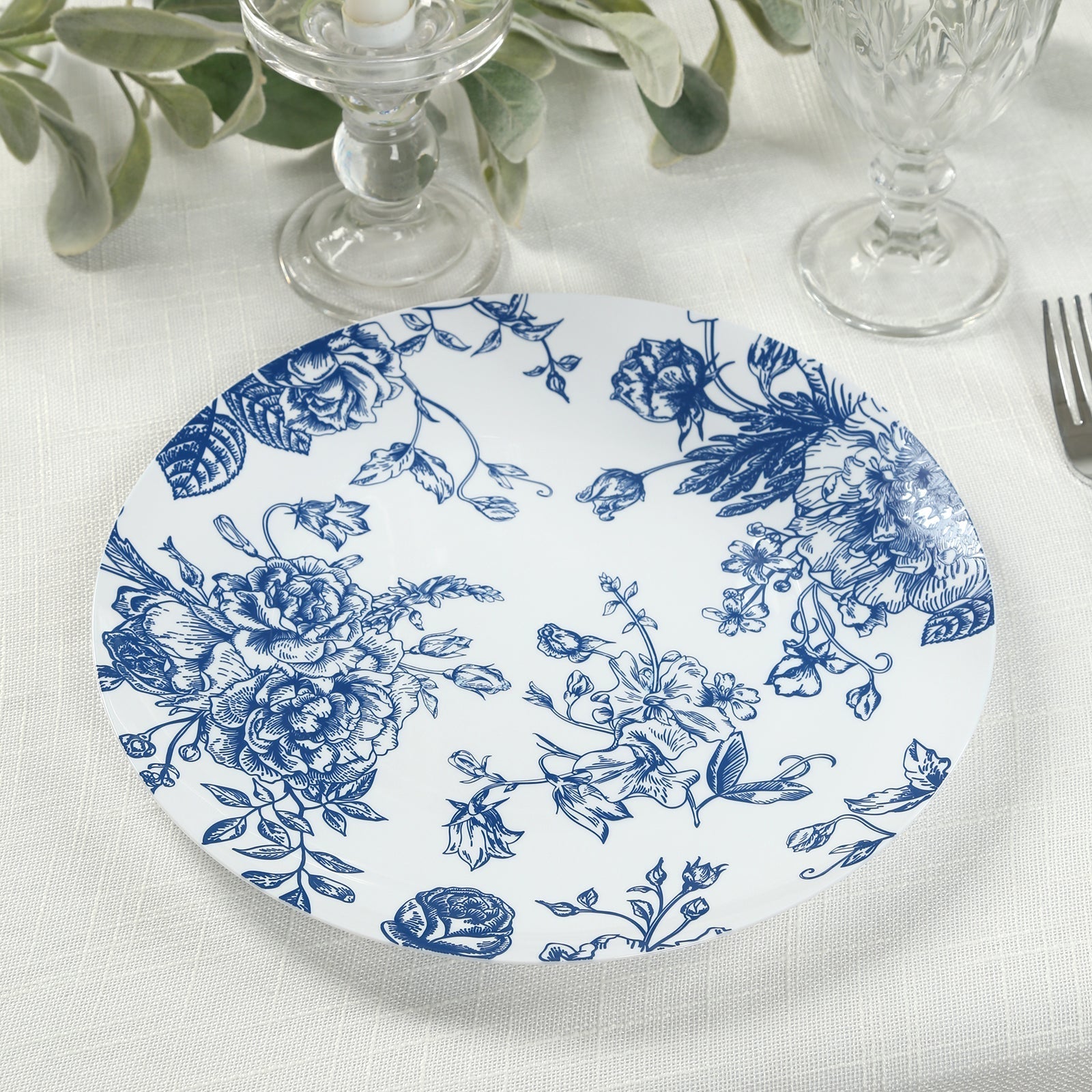 10 - Pack French Toile Plastic Party Plates â€“ Blue & White Floral, 10" Round Disposable Dinner Plates - Bell Racket Store