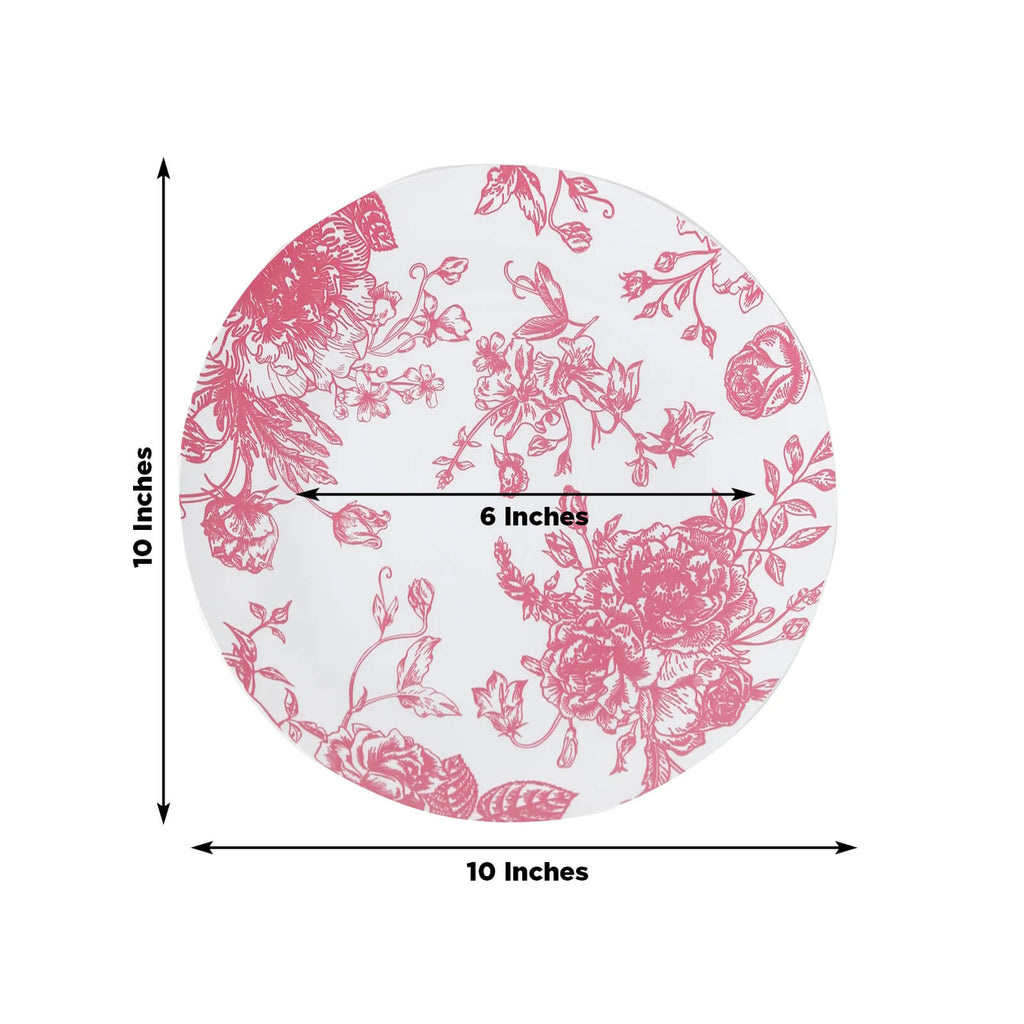 10 - Pack French Toile Plastic Party Plates â€“ Pink & White Floral, 10" Round Disposable Dinner Plates - Bell Racket Store