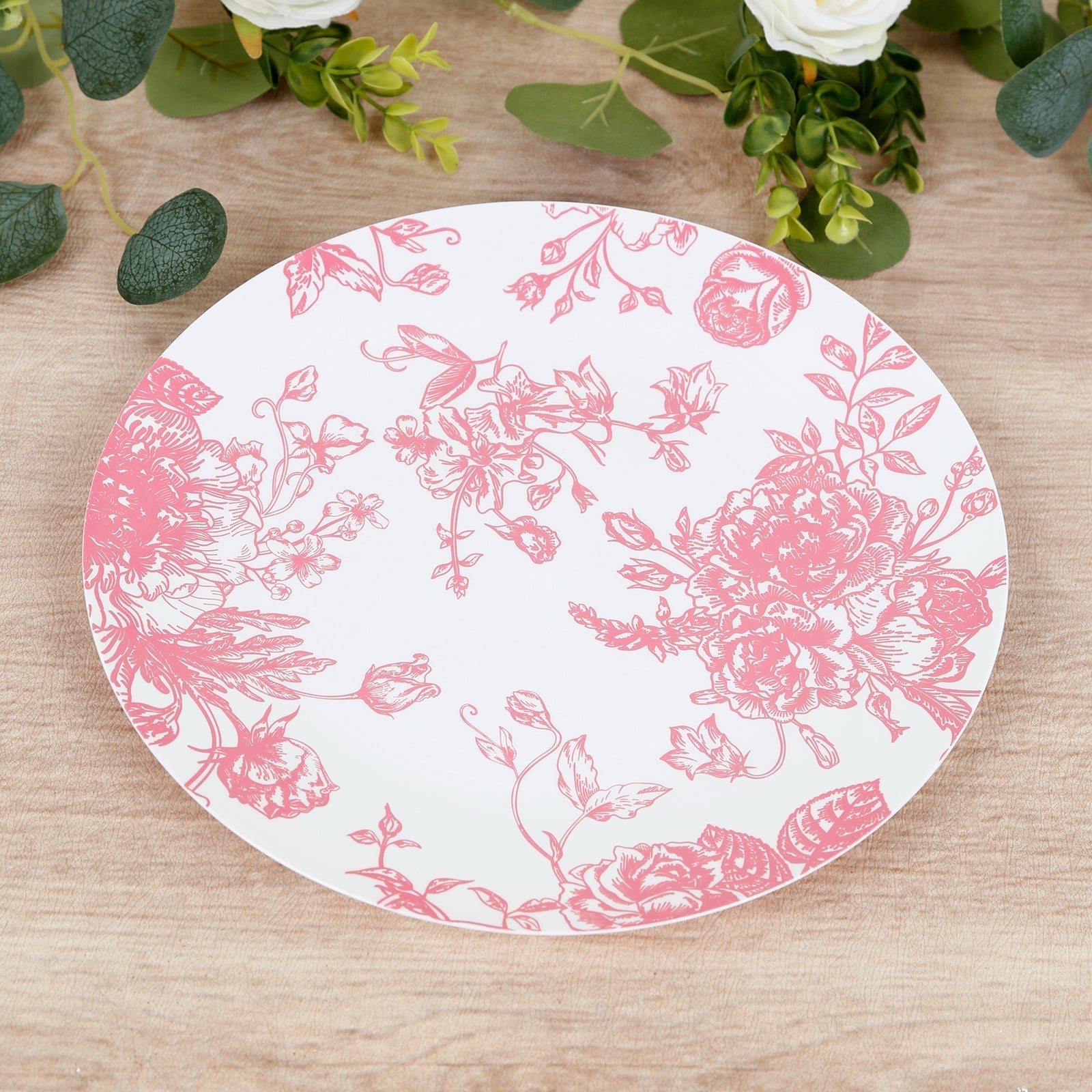 10 - Pack French Toile Plastic Party Plates â€“ Pink & White Floral, 10" Round Disposable Dinner Plates - Bell Racket Store