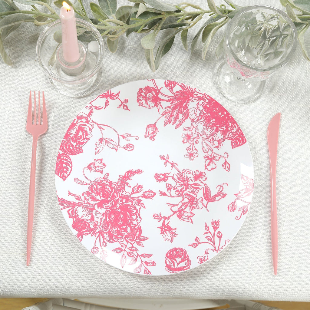 10 - Pack French Toile Plastic Party Plates â€“ Pink & White Floral, 10" Round Disposable Dinner Plates - Bell Racket Store