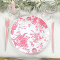 10 - Pack French Toile Plastic Party Plates â€“ Pink & White Floral, 10" Round Disposable Dinner Plates - Bell Racket Store