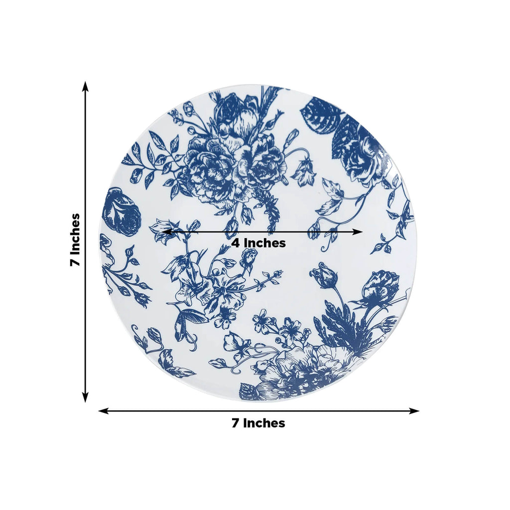 10 - Pack French Toile Plastic Salad Plates â€“ Blue & White Floral, 7" Round Disposable Dessert Plates - Bell Racket Store