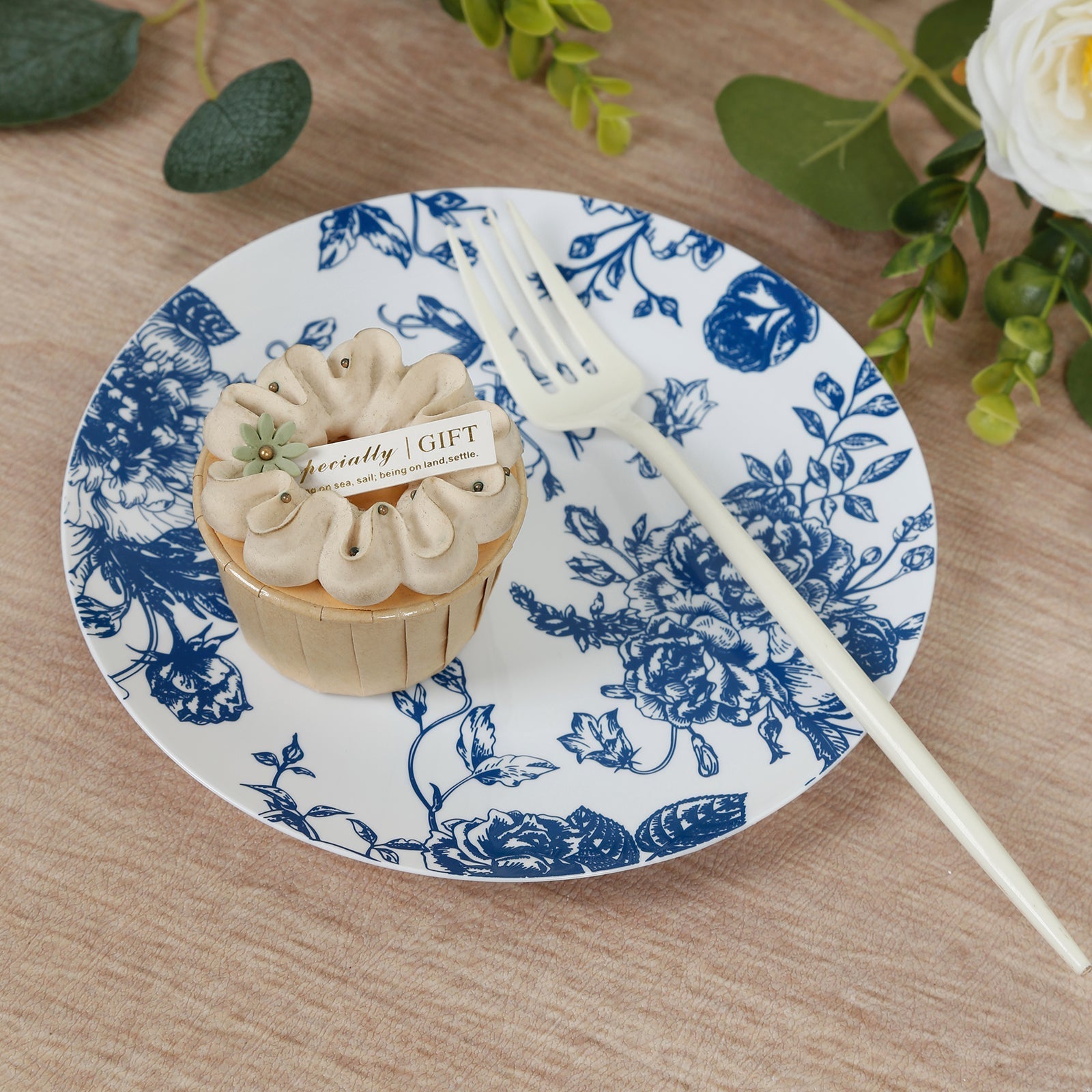 10 - Pack French Toile Plastic Salad Plates â€“ Blue & White Floral, 7" Round Disposable Dessert Plates - Bell Racket Store