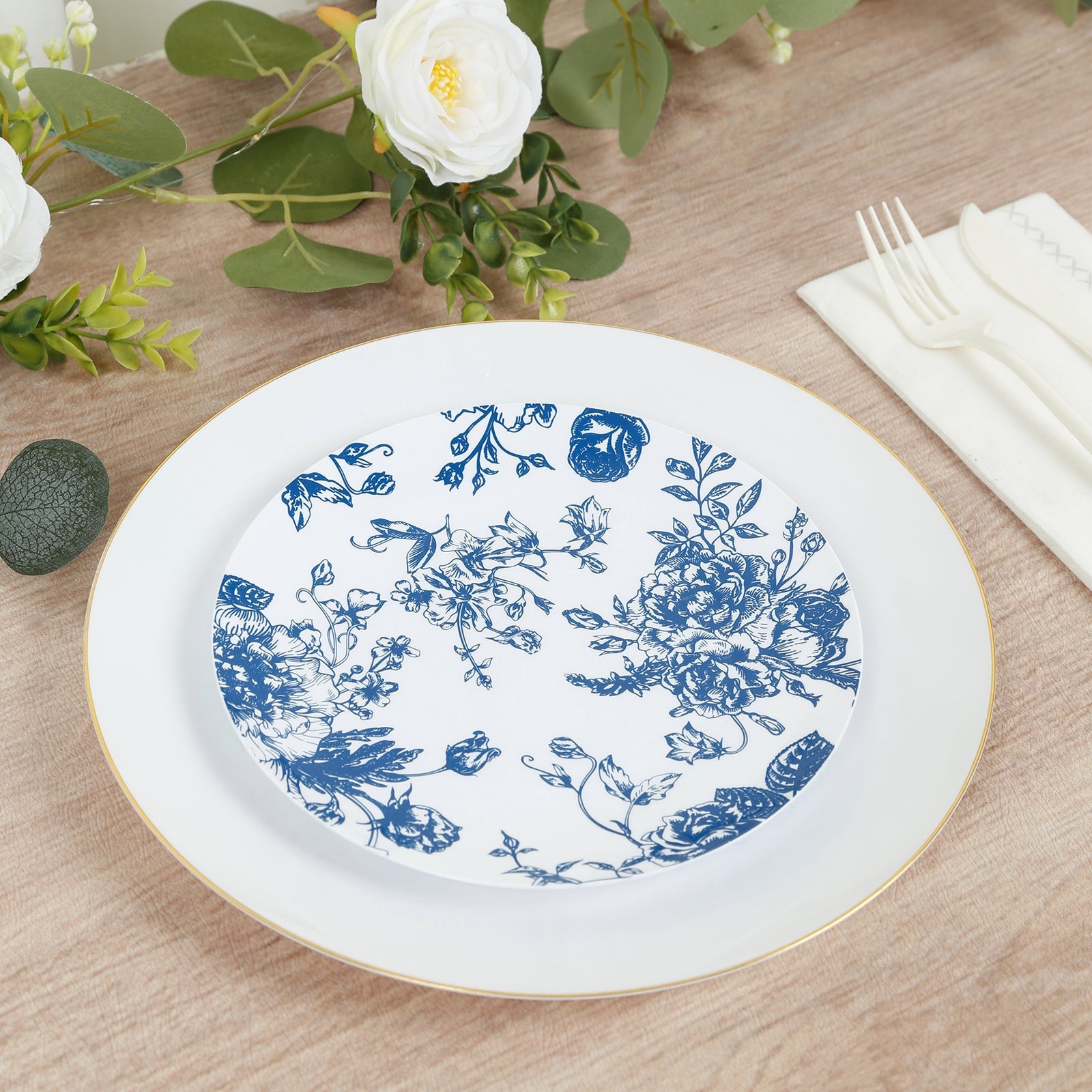 10 - Pack French Toile Plastic Salad Plates â€“ Blue & White Floral, 7" Round Disposable Dessert Plates - Bell Racket Store