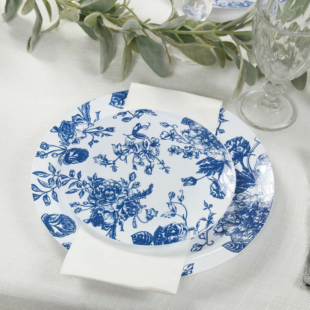 10 - Pack French Toile Plastic Salad Plates â€“ Blue & White Floral, 7" Round Disposable Dessert Plates - Bell Racket Store