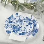 10 - Pack French Toile Plastic Salad Plates â€“ Blue & White Floral, 7" Round Disposable Dessert Plates - Bell Racket Store