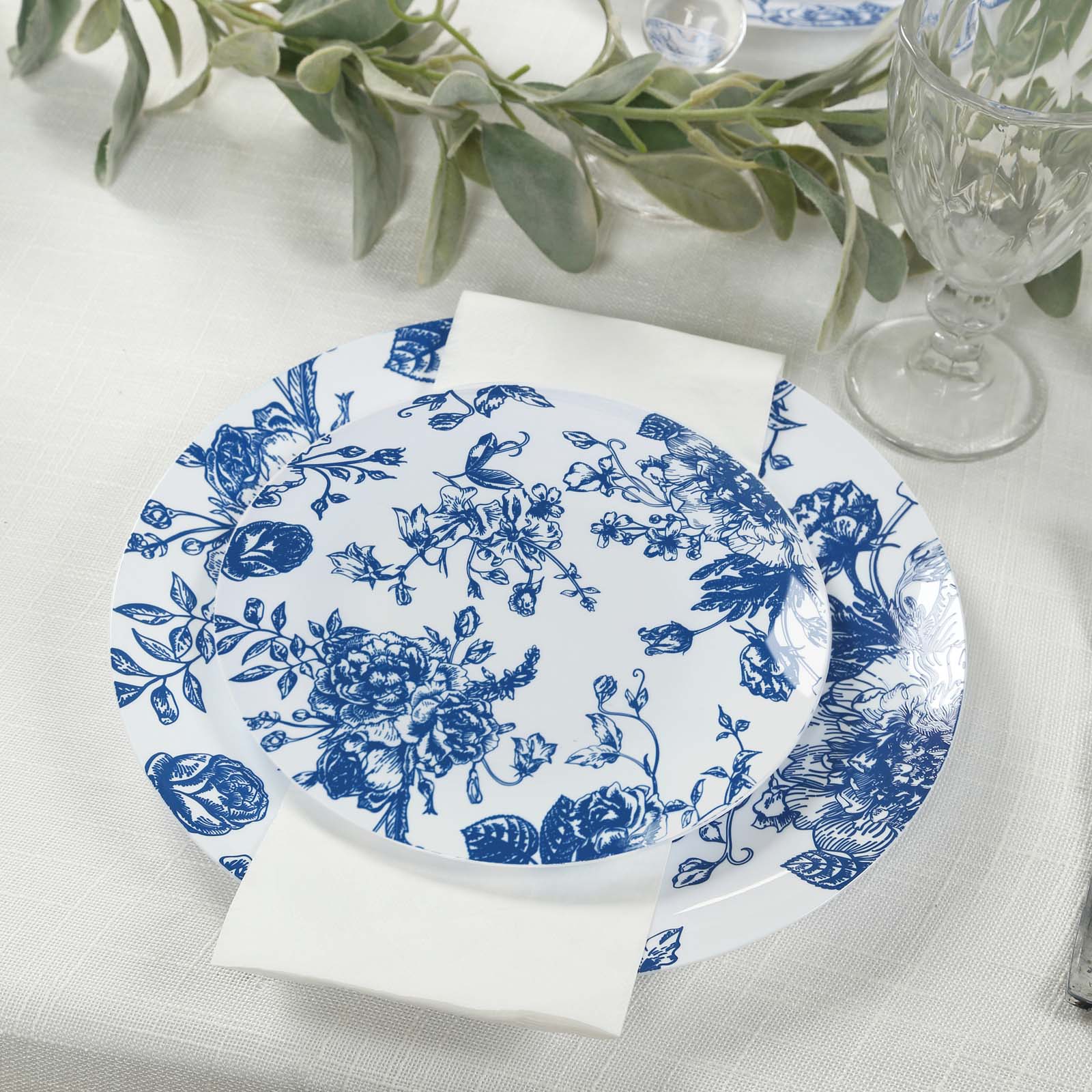 10 - Pack French Toile Plastic Salad Plates â€“ Blue & White Floral, 7" Round Disposable Dessert Plates - Bell Racket Store
