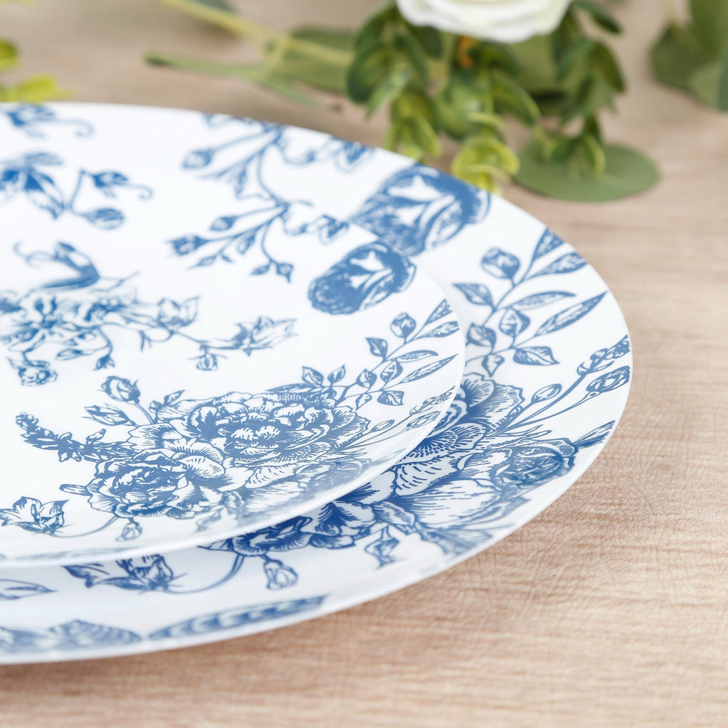 10 - Pack French Toile Plastic Salad Plates â€“ Blue & White Floral, 7" Round Disposable Dessert Plates - Bell Racket Store