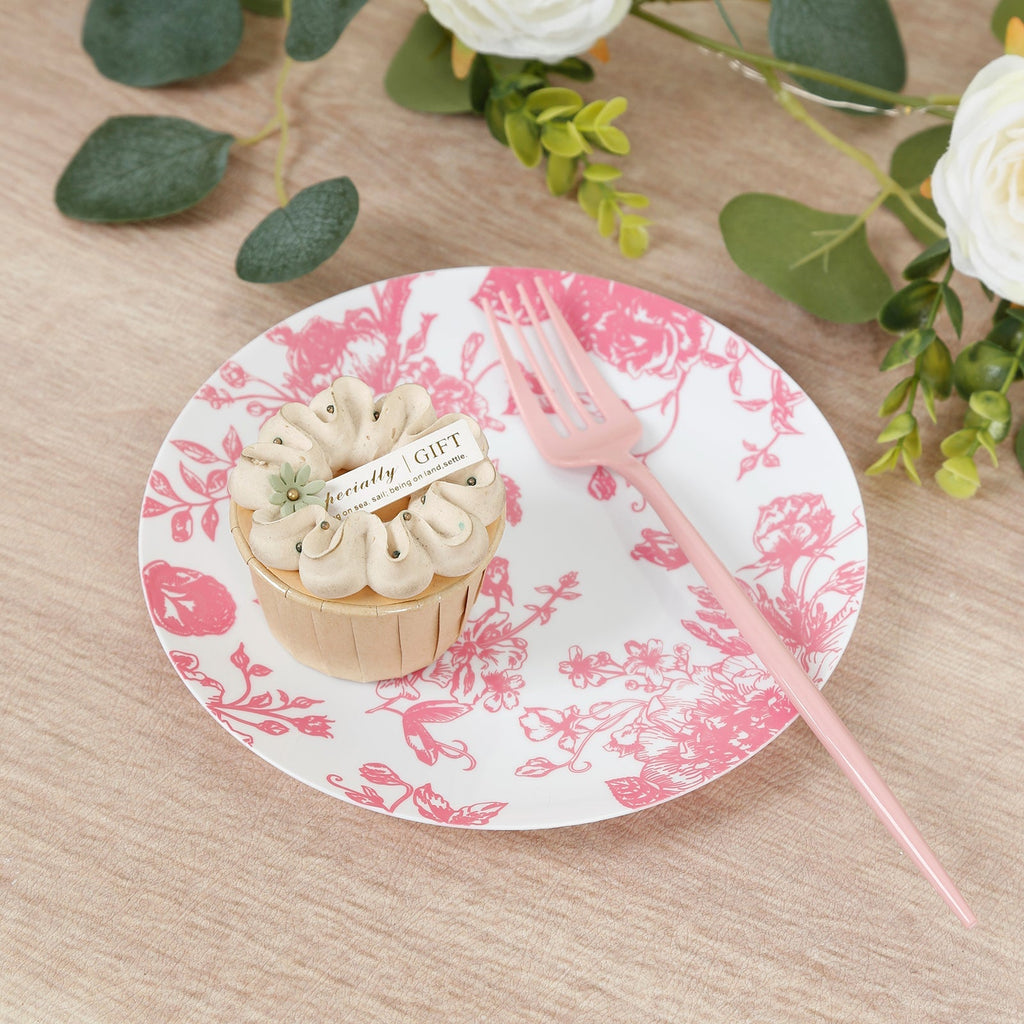 10 - Pack French Toile Plastic Salad Plates â€“ Pink & White Floral, 7" Round Disposable Dessert Plates - Bell Racket Store
