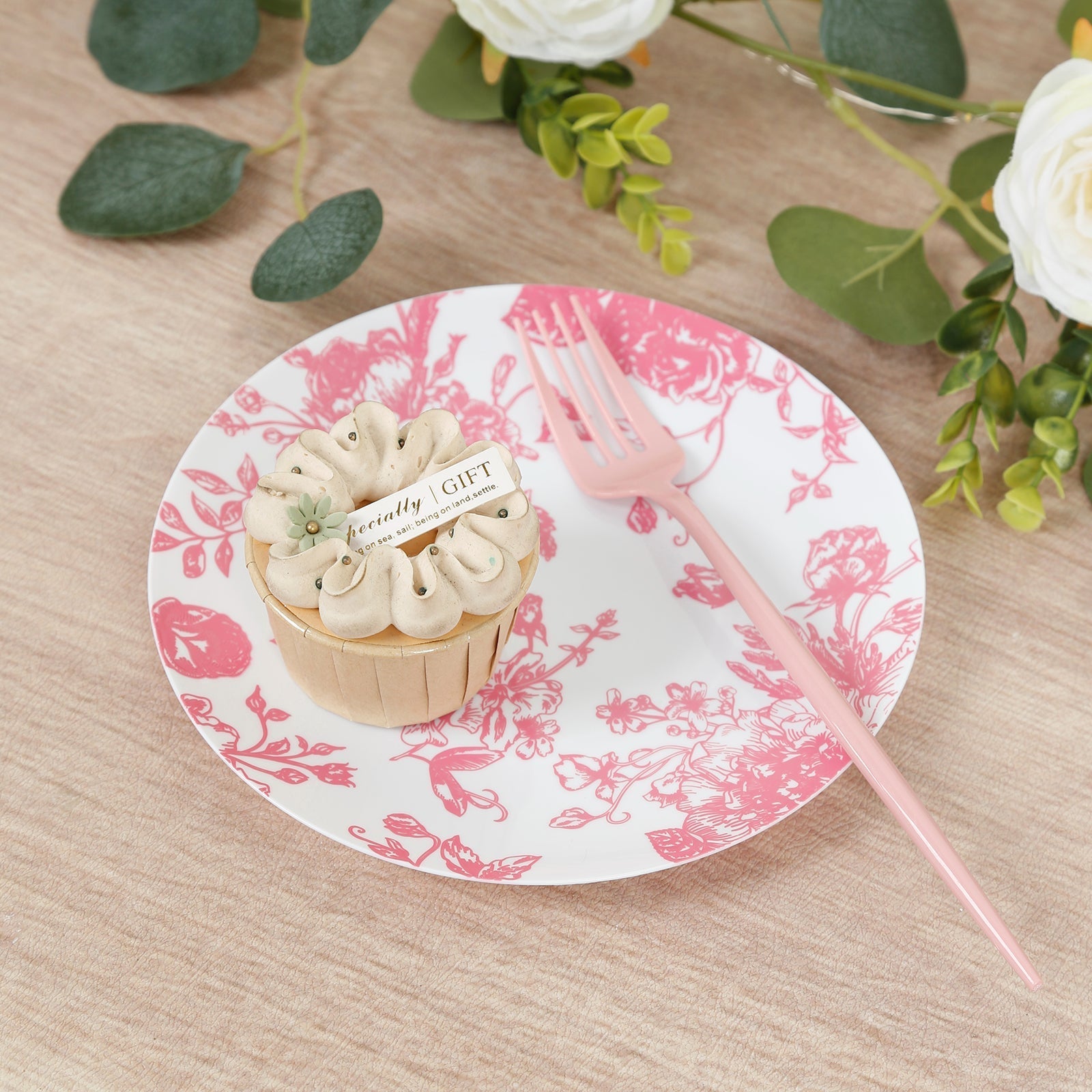 10 - Pack French Toile Plastic Salad Plates â€“ Pink & White Floral, 7" Round Disposable Dessert Plates - Bell Racket Store