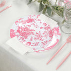 10 - Pack French Toile Plastic Salad Plates â€“ Pink & White Floral, 7" Round Disposable Dessert Plates - Bell Racket Store