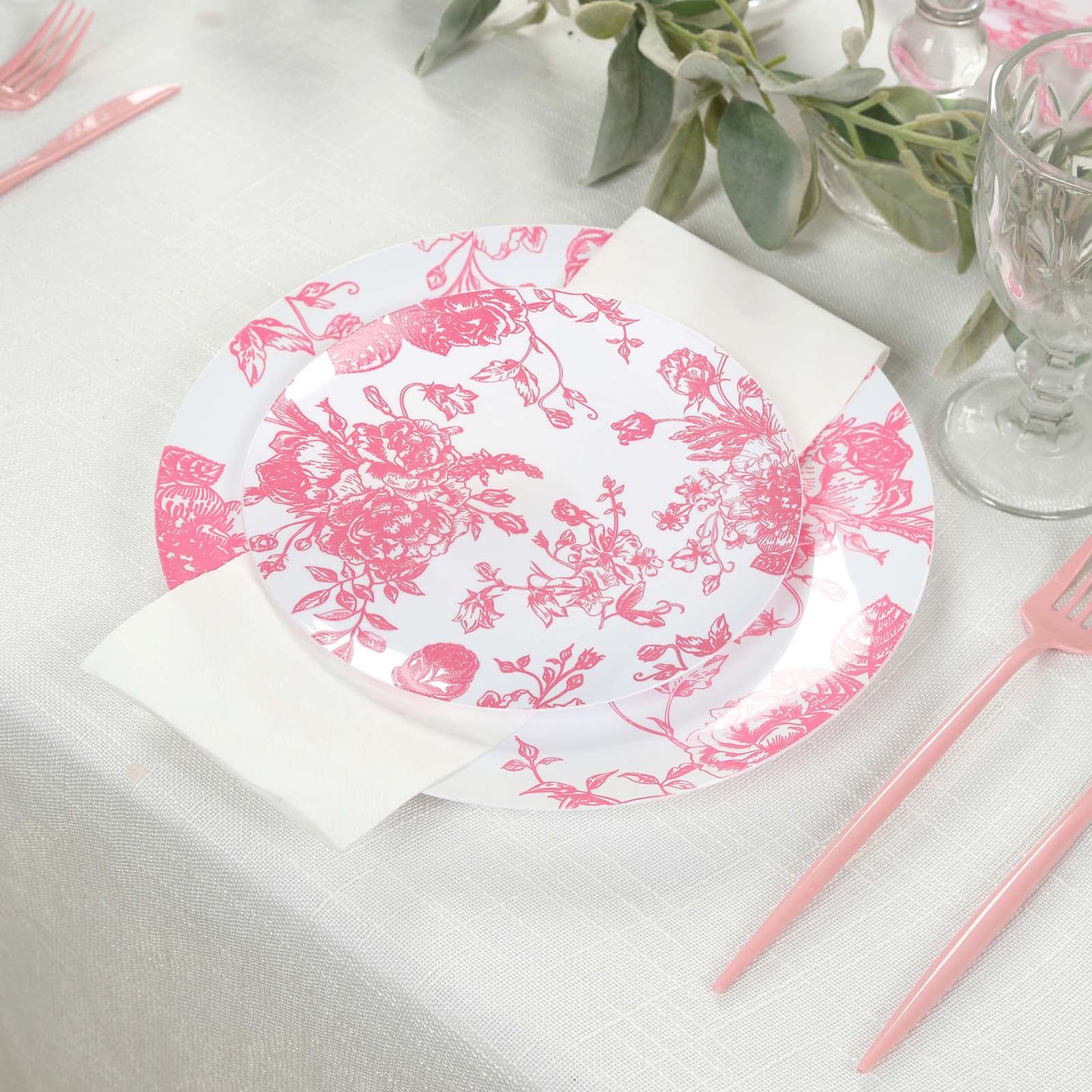 10 - Pack French Toile Plastic Salad Plates â€“ Pink & White Floral, 7" Round Disposable Dessert Plates - Bell Racket Store