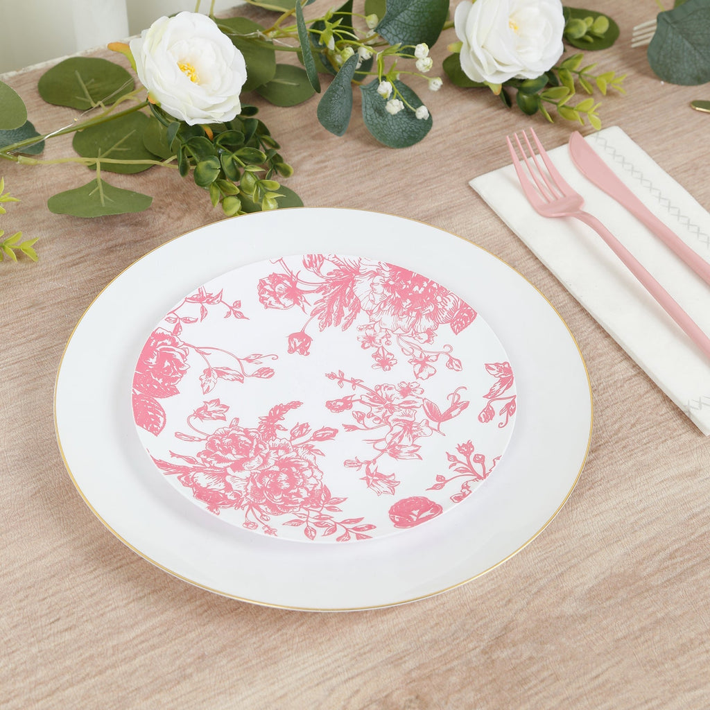10 - Pack French Toile Plastic Salad Plates â€“ Pink & White Floral, 7" Round Disposable Dessert Plates - Bell Racket Store