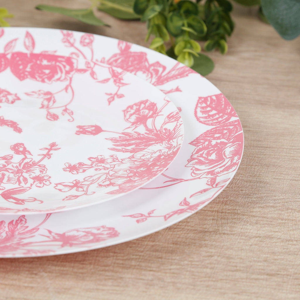 10 - Pack French Toile Plastic Salad Plates â€“ Pink & White Floral, 7" Round Disposable Dessert Plates - Bell Racket Store