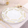 10-Pack Plastic 7.5" Round Appetizer Plates in White with Gold Embossed Scalloped Edge - Chic Disposable Salad Plates for Special Occasions & Banquets