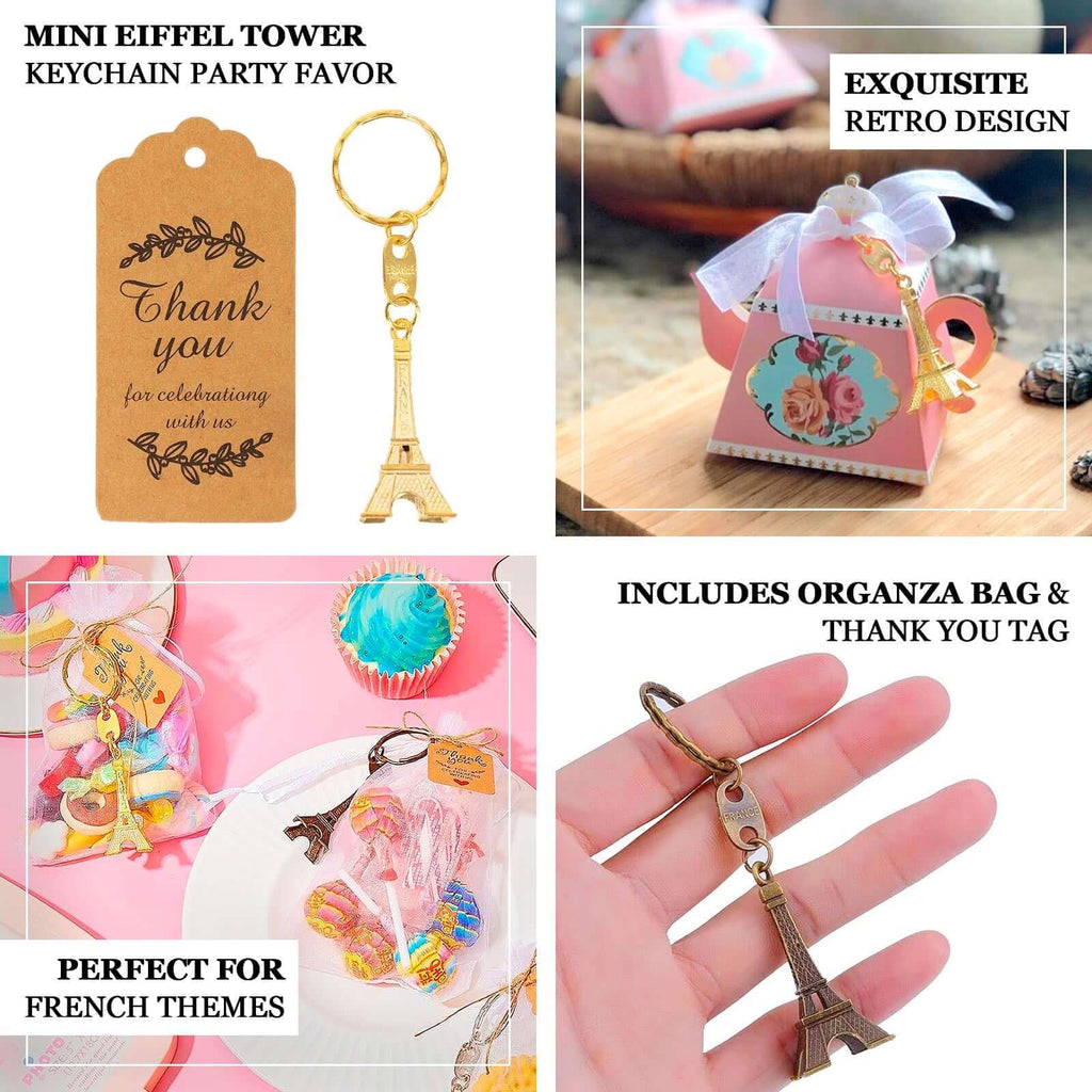 10 Pack Gold Plastic Paris Eiffel Tower Keychain Wedding Favors, 4" Bridal Shower Party Souvenirs With Thank You Tag - Bell Racket Store