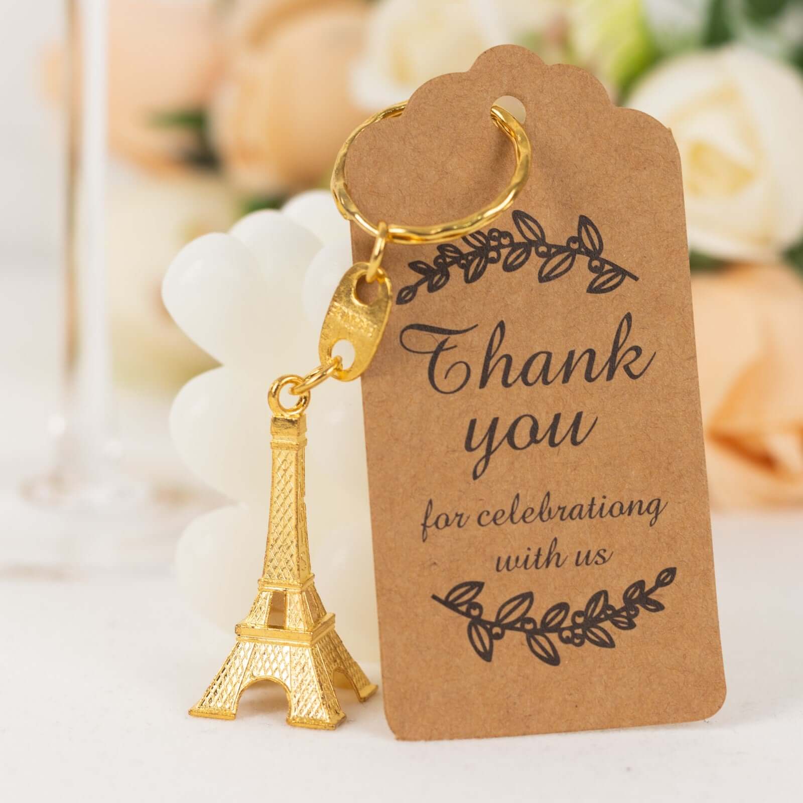 10 Pack Gold Plastic Paris Eiffel Tower Keychain Wedding Favors, 4" Bridal Shower Party Souvenirs With Thank You Tag - Bell Racket Store
