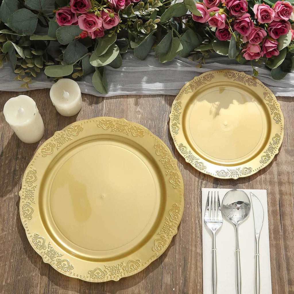 10-Pack Plastic 7.5" Round Appetizer Plates Gold Embossed Scalloped Edge - Chic Disposable Salad Plates for Special Occasions & Banquets