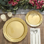 10-Pack Plastic 7.5" Round Appetizer Plates Gold Embossed Scalloped Edge - Chic Disposable Salad Plates for Special Occasions & Banquets