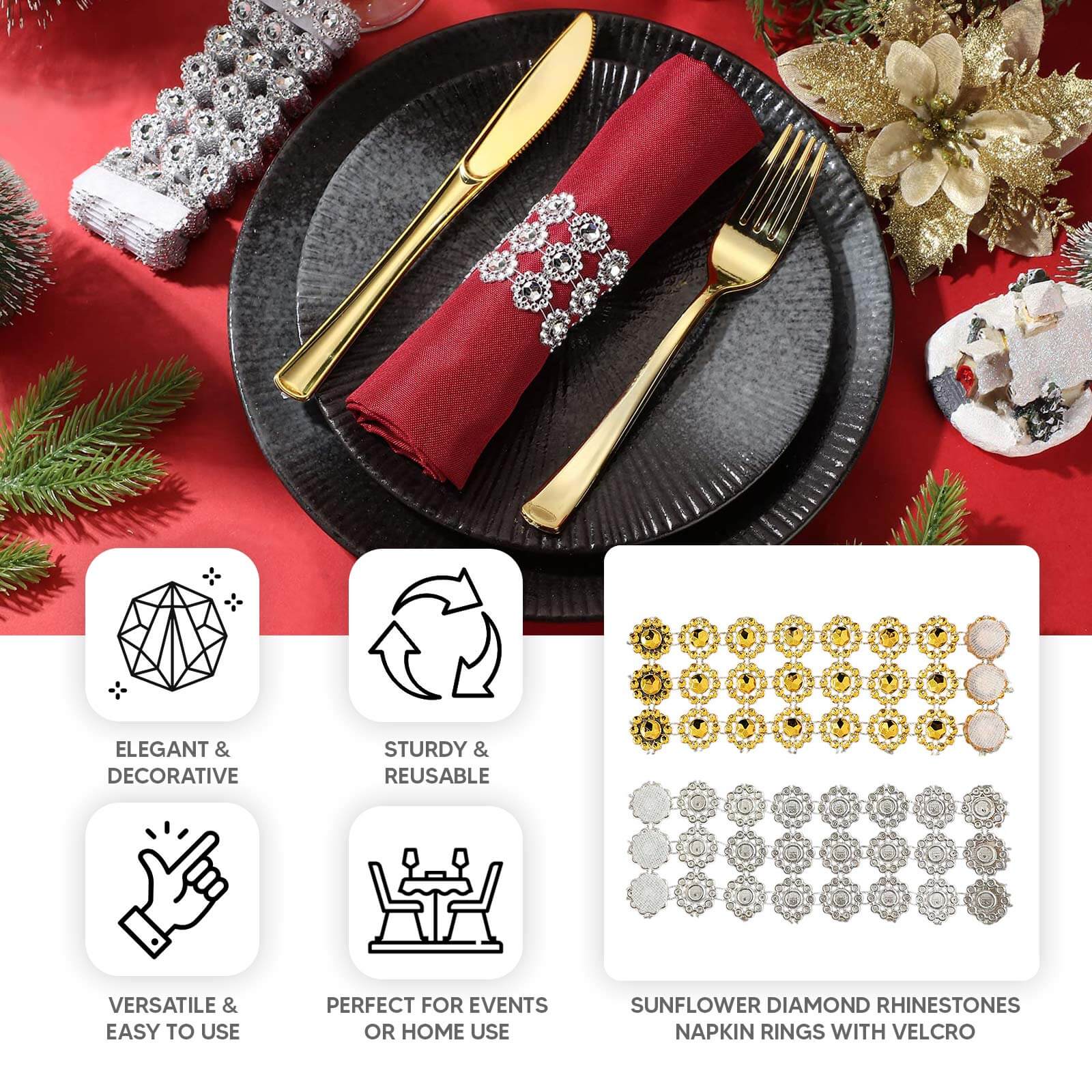 10 Pack Gold Sunflower Diamond Rhinestones Napkin Holders With Velcro, Elegant Wedding Napkin Rings - Bell Racket Store