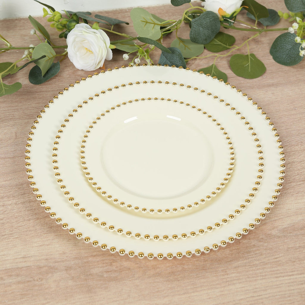 10 - Pack Ivory Plastic Dessert Plates â€“ 8" Round with Gold Beaded Rim, Disposable for Parties & Events - Bell Racket Store