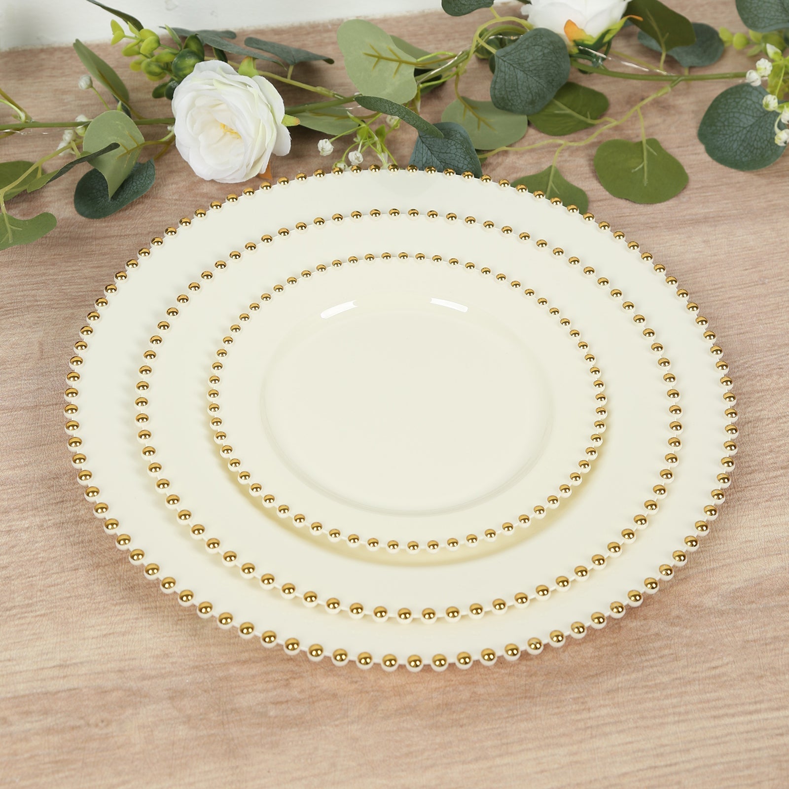 10 - Pack Ivory Plastic Dessert Plates â€“ 8" Round with Gold Beaded Rim, Disposable for Parties & Events - Bell Racket Store