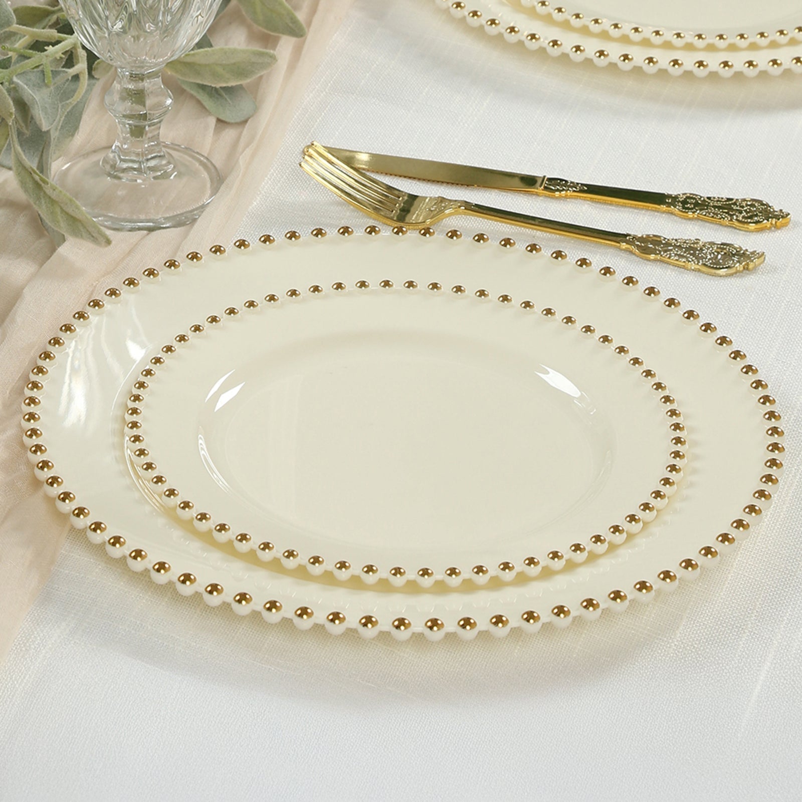 10 - Pack Ivory Plastic Dessert Plates â€“ 8" Round with Gold Beaded Rim, Disposable for Parties & Events - Bell Racket Store