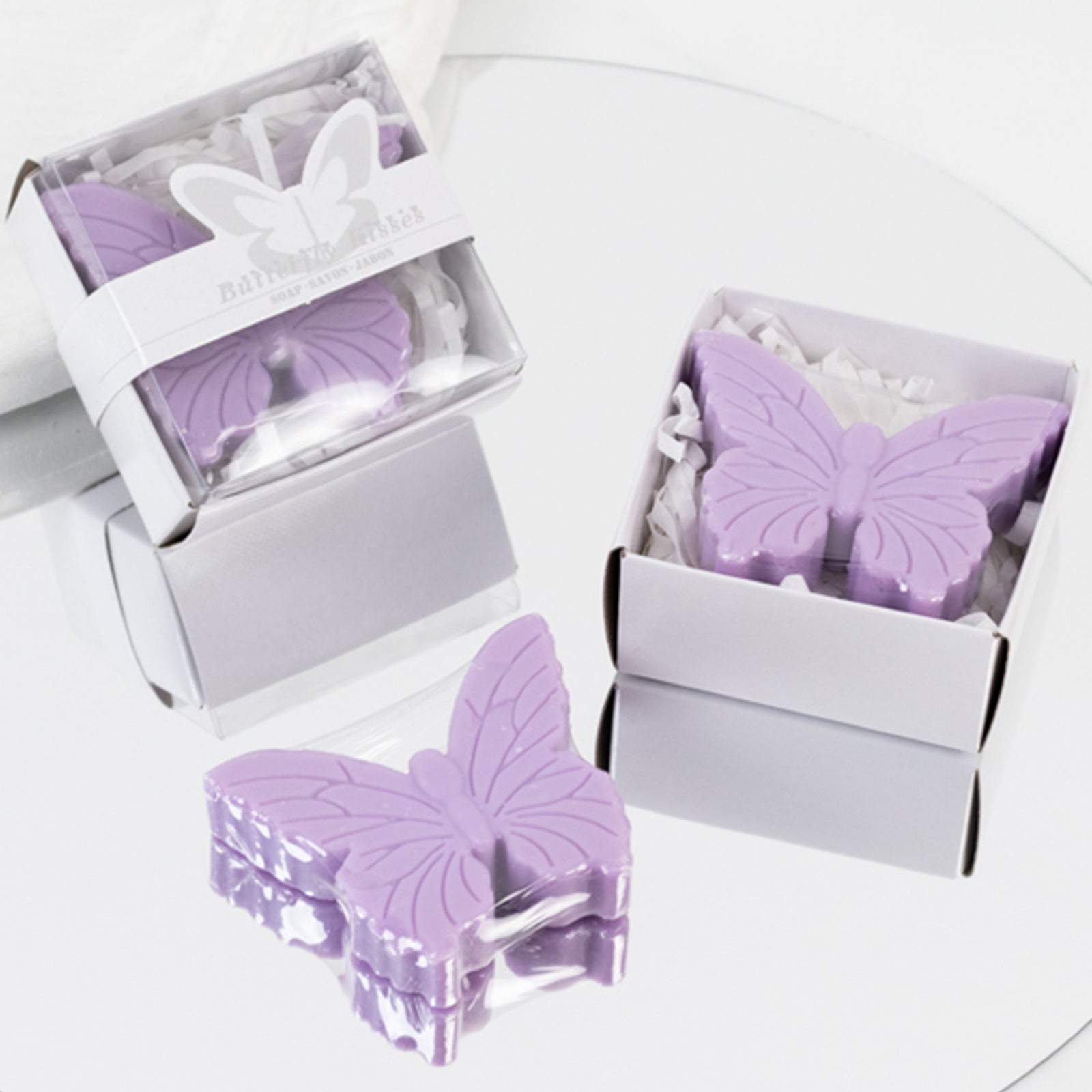 10 Pack Lavender Butterfly Unscented Soap Baby Shower Favors with Gift Boxes, Pre - Packed Bridal Shower Wedding Souvenirs - 2" - Bell Racket Store