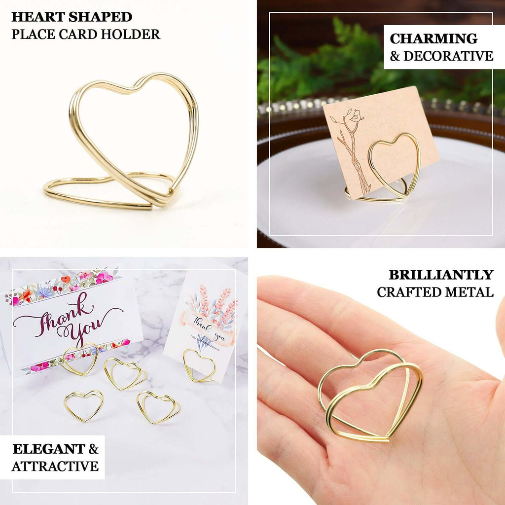 10 - Pack Metal Card Holder Stands Double Heart Design Gold - Table Number Stands and Wedding Place Card Menu Clips 1" - Bell Racket Store