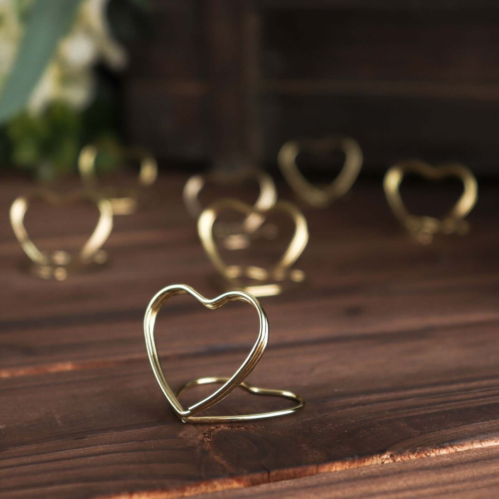 10 - Pack Metal Card Holder Stands Double Heart Design Gold - Table Number Stands and Wedding Place Card Menu Clips 1" - Bell Racket Store