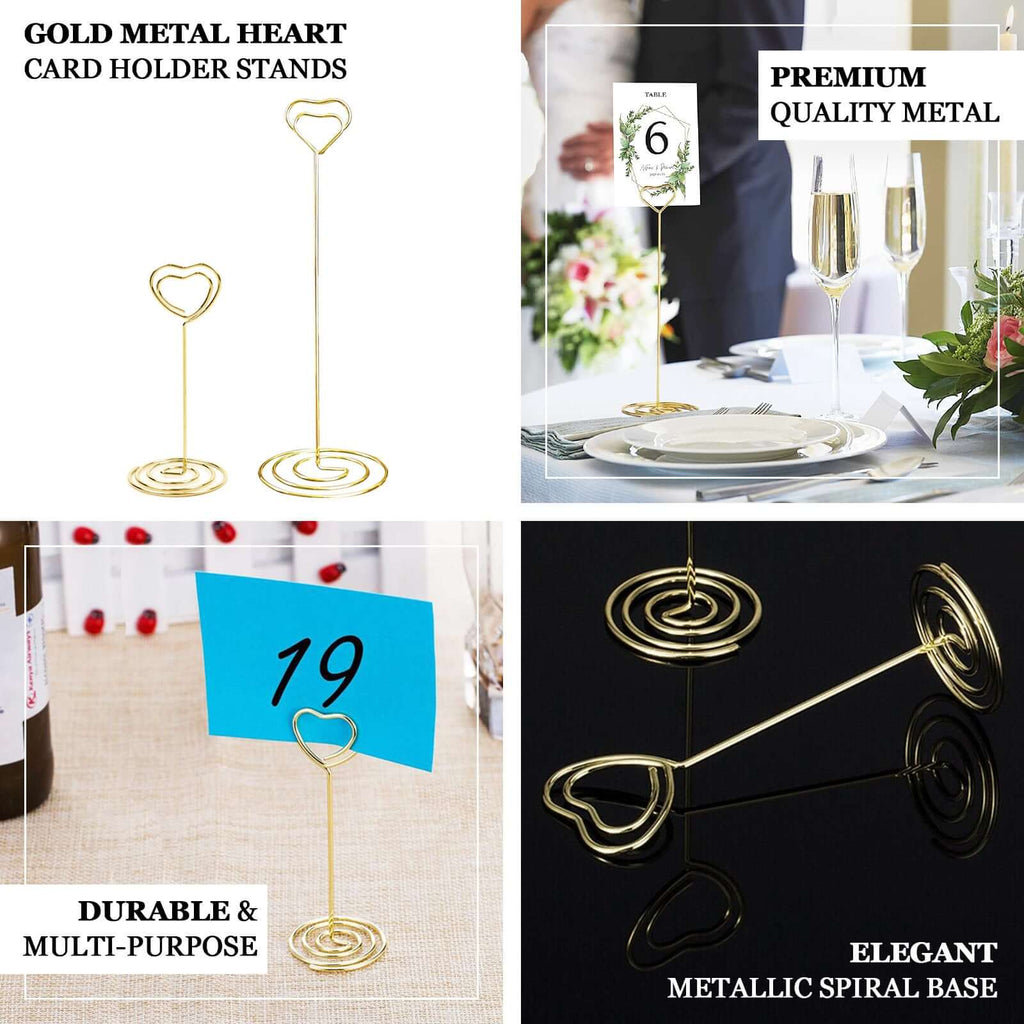 10 - Pack Metal Card Holder Stands Heart Design Gold - Table Number Stands and Wedding Place Card Menu Clips 8" - Bell Racket Store