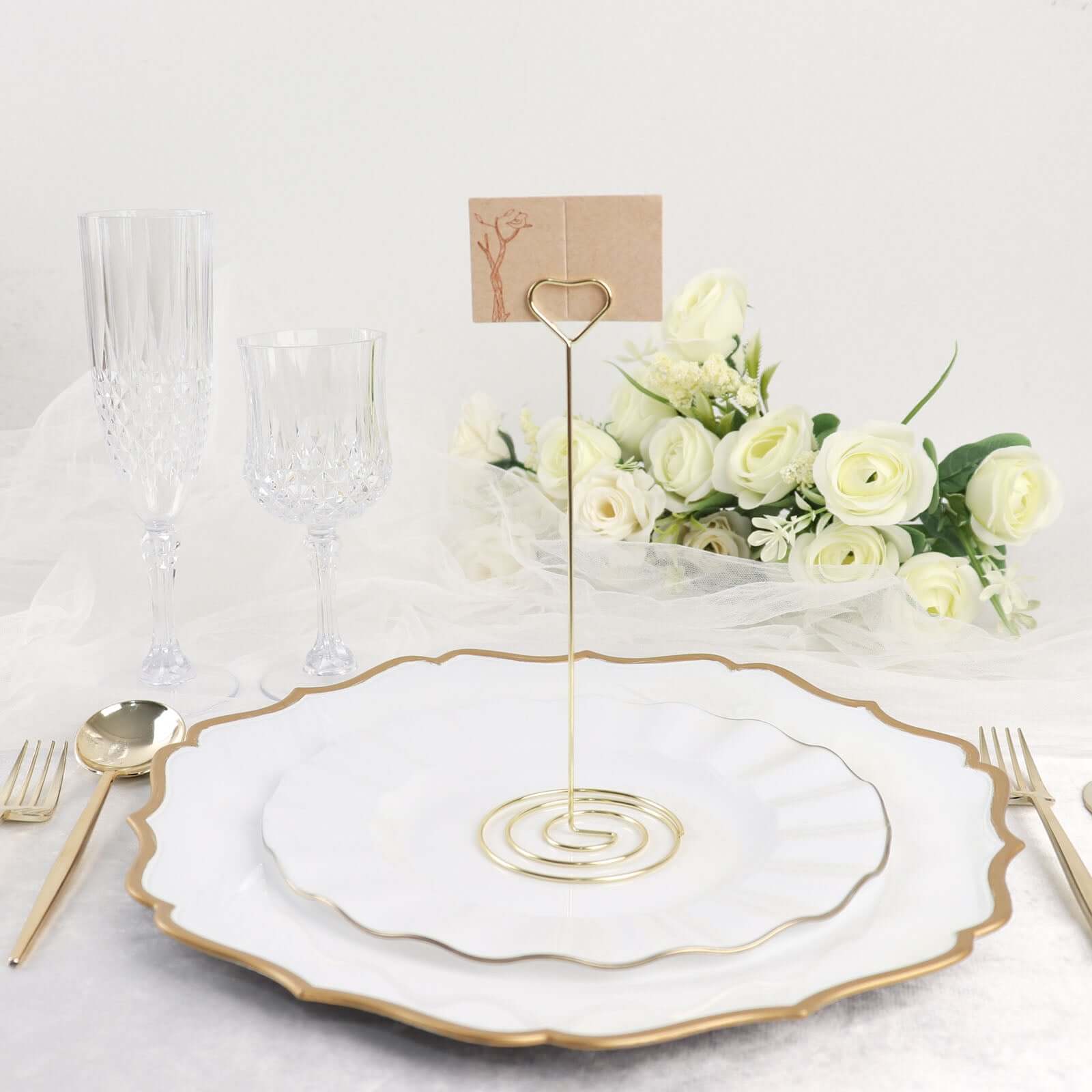 10 - Pack Metal Card Holder Stands Heart Design Gold - Table Number Stands and Wedding Place Card Menu Clips 8" - Bell Racket Store