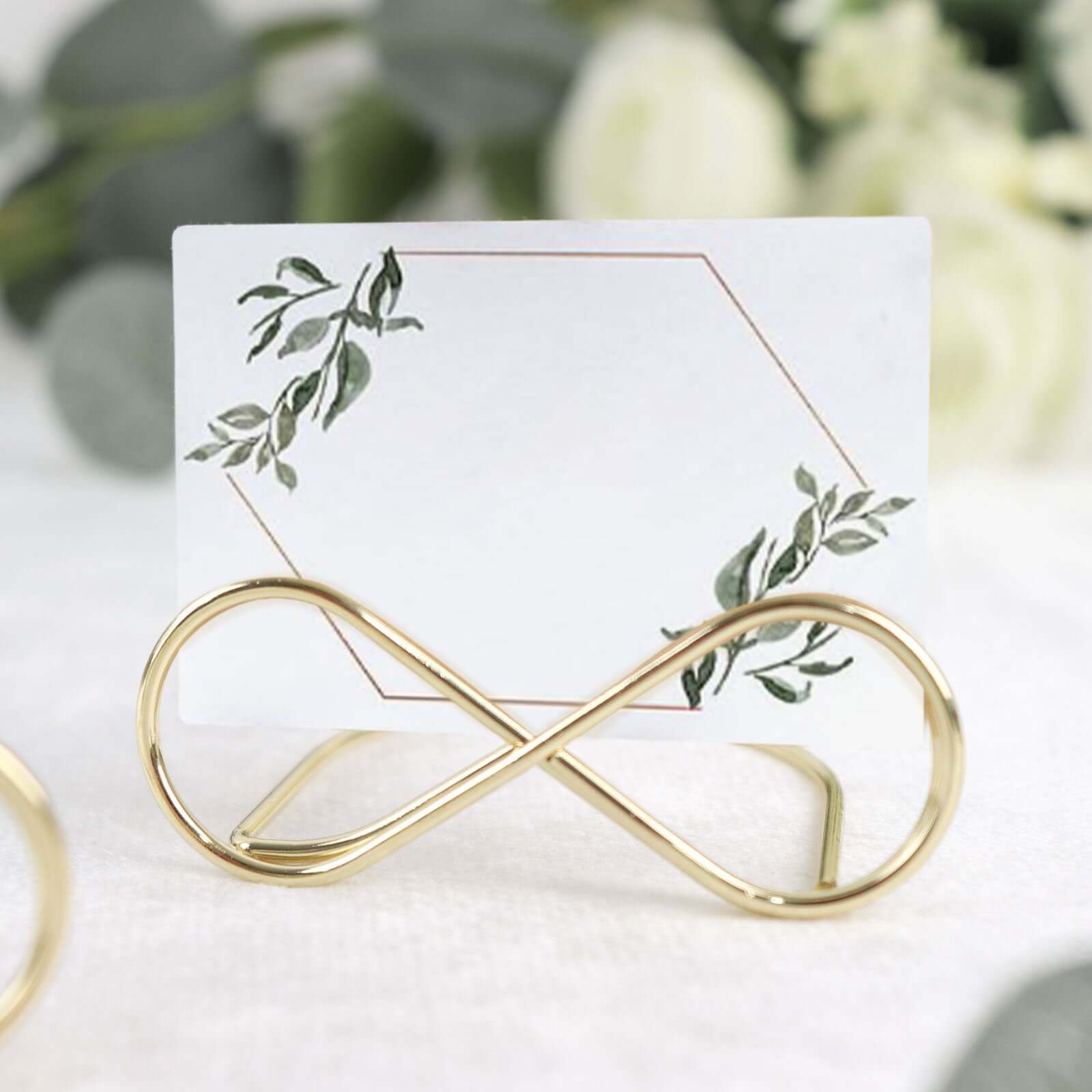 10 - Pack Metal Card Holder Stands Infinity Design Gold - Table Number Stands and Wedding Place Card Menu Clips 3" - Bell Racket Store