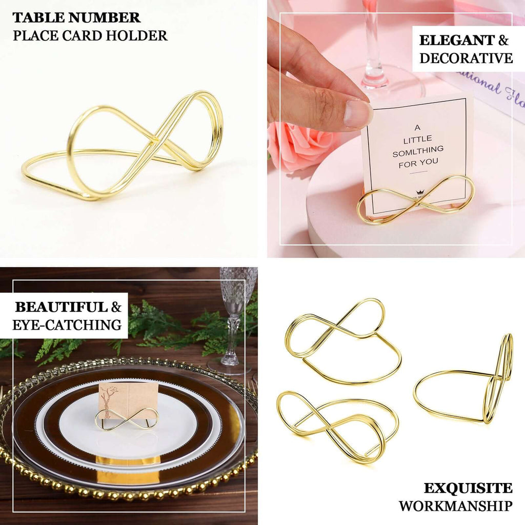 10 - Pack Metal Card Holder Stands Infinity Design Gold - Table Number Stands and Wedding Place Card Menu Clips 3" - Bell Racket Store