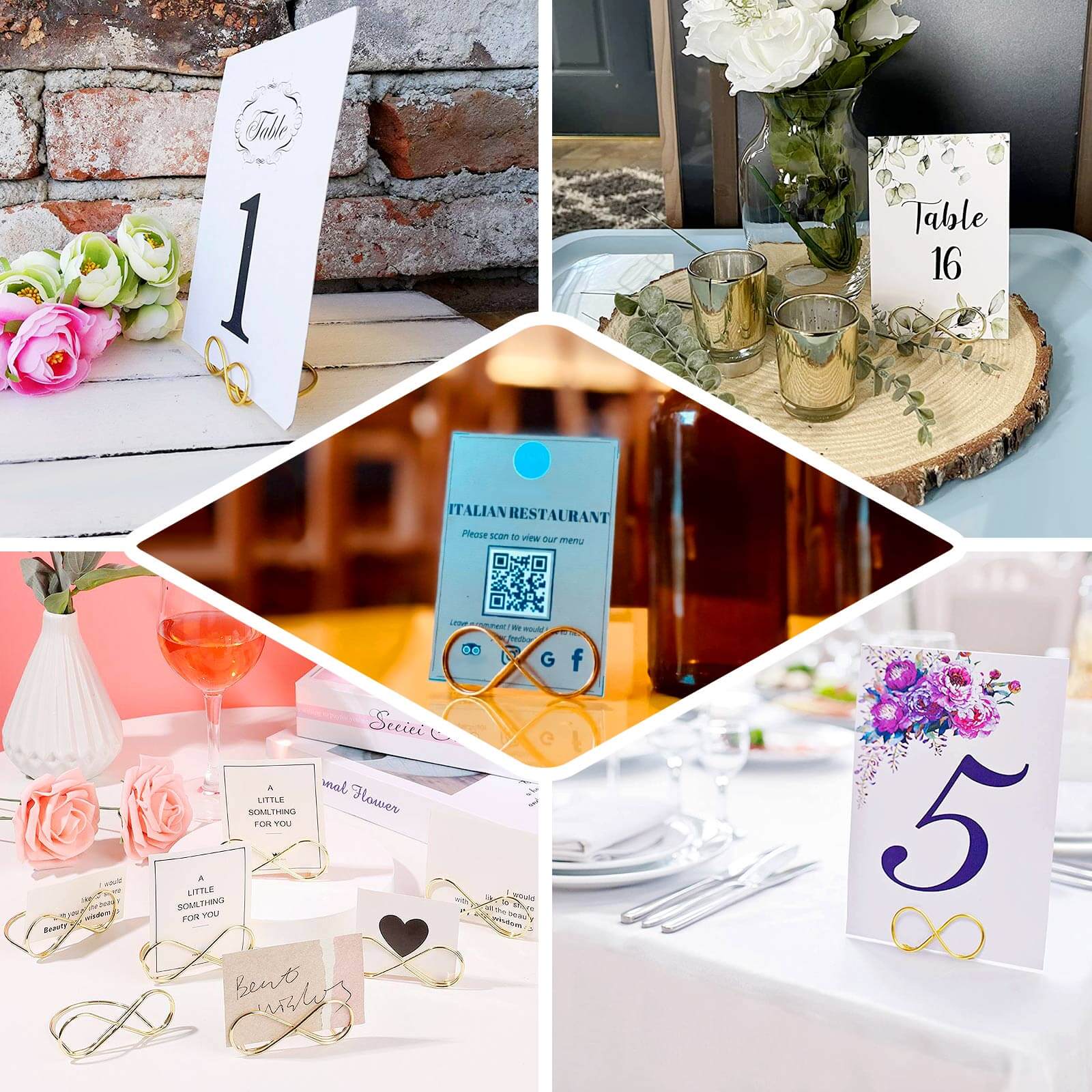 10 - Pack Metal Card Holder Stands Infinity Design Gold - Table Number Stands and Wedding Place Card Menu Clips 3" - Bell Racket Store