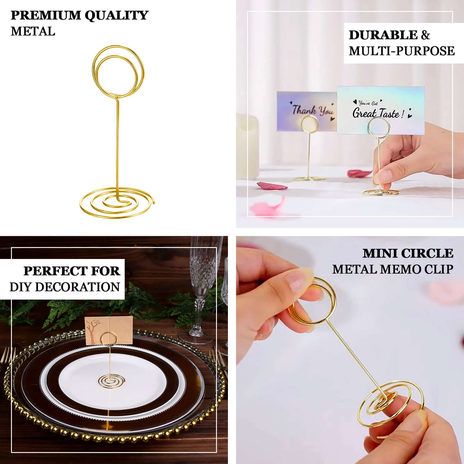 10 - Pack Metal Card Holder Stands Mini Circle Hoop Design Gold - Table Number Stands and Wedding Place Card Menu Clips 3.5" - Bell Racket Store